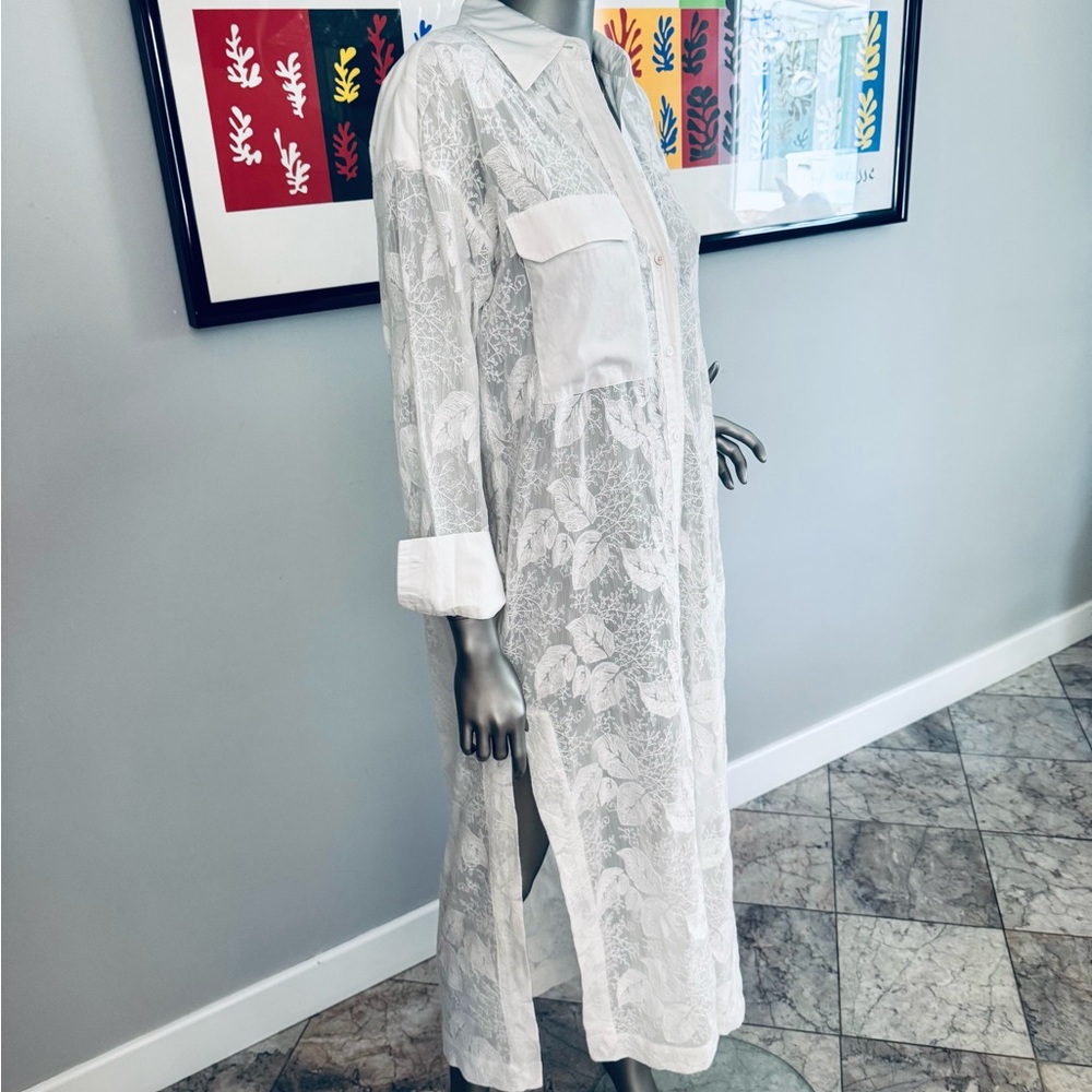 Zara - White Sheer Floral Button-Up Dress/Duster - Sheer Unique Design - Picture 7 of 15